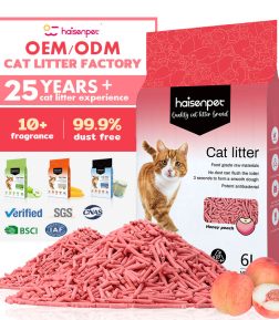 Haisen OEM  Cat Sand  Pea Husk Biodegradable Stripe Shape 6L 2mm Peach Flavor Clumping Tofu  Plant  Cat Litter Sand