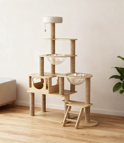 Modern Indoor Bed for Small & Large Removable Pads & Beige 60*103*165cm Hammock Scratching Post Wood Cat Tree Tower