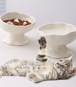 OEM ODM Dotted Glaze Hand-Pressed Texture Ceramic Bowl Anti-Tip Neck Guard Pet Cat Bowl