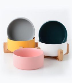 Wholesale Customised Pet Cat Luxury Elevated Large Feeding Water Bowl Dog Food Bowl Ceramic Dog Bowl With Wood Stand